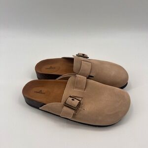 Staheekum Crescent Tan Suede Slip On Clogs Womens 8 Water Resistant Buckle Mules